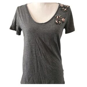 Adobe Star Gray Round Neck Top with Pink Beaded Detail